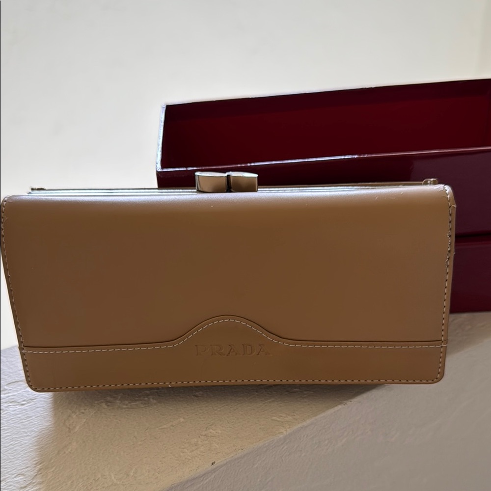 Prada Tan Leather Wallet with Clasp Closure